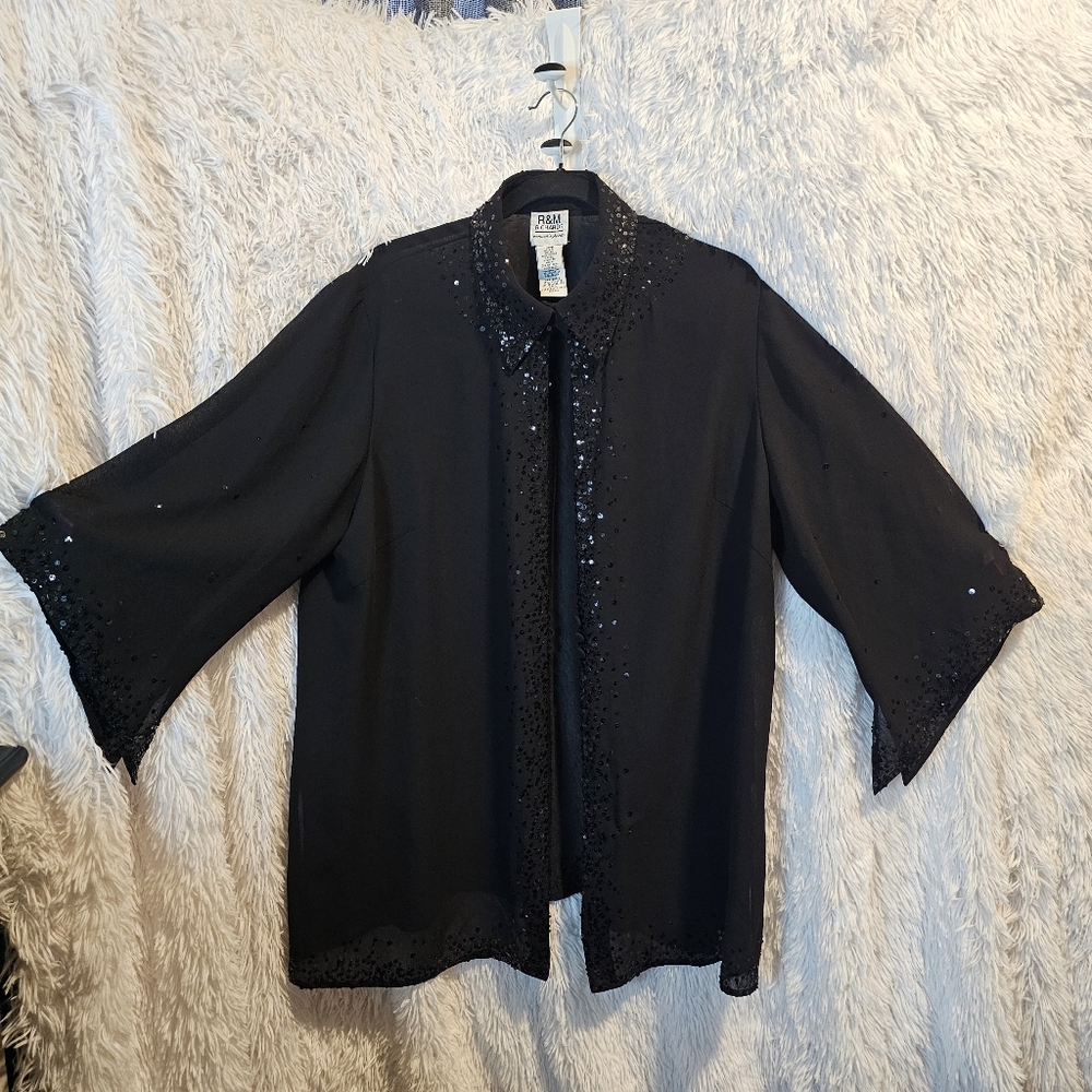 R & M Richards Women's Petite  Black Sheer Fancy BELL SLEEVES Size 16 WP  16WP